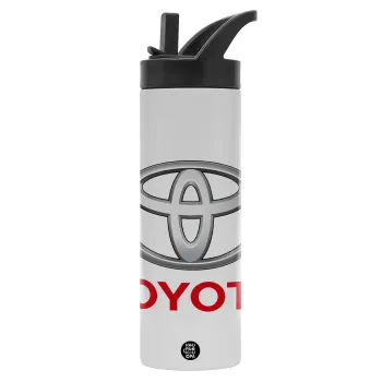 Toyota, Metallic thermos bottle with straw & handle, stainless steel (Stainless steel 304), double-walled, 600ml.