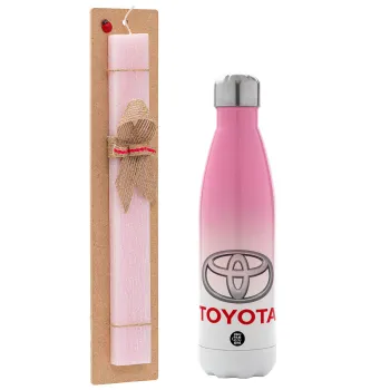 Toyota, Easter Set, Metallic pink/white (Stainless steel) thermos, double-walled, 500ml & aromatic flat Easter candle (30cm) (PINK)