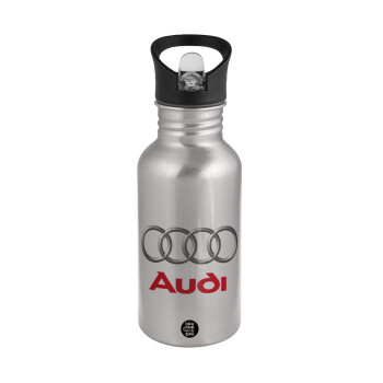 AUDI, Water bottle Silver with straw, stainless steel 500ml