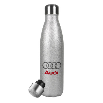 AUDI, Μεταλλικό παγούρι θερμός Glitter Aσημένιο (Stainless steel), διπλού τοιχώματος, 500ml