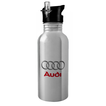 AUDI, Water bottle Silver with straw, stainless steel 600ml