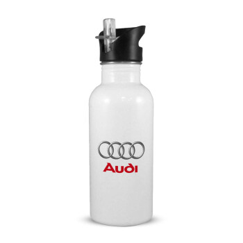 AUDI, White water bottle with straw, stainless steel 600ml