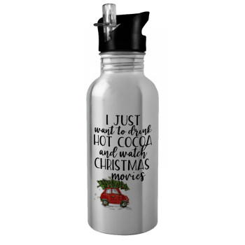 I just want to drink hot cocoa and watch christmas movies mini cooper, Water bottle Silver with straw, stainless steel 600ml