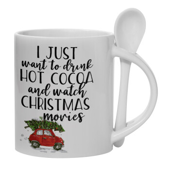 I just want to drink hot cocoa and watch christmas movies mini cooper, Ceramic coffee mug with Spoon, 330ml (1pcs)