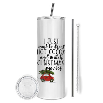 I just want to drink hot cocoa and watch christmas movies mini cooper, Tumbler ποτήρι θερμό από ανοξείδωτο ατσάλι 600ml, με μεταλλικό καλαμάκι & βούρτσα καθαρισμού