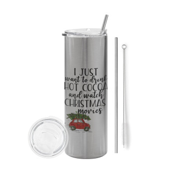 I just want to drink hot cocoa and watch christmas movies mini cooper, Eco friendly stainless steel Silver tumbler 600ml, with metal straw & cleaning brush