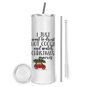 I just want to drink hot cocoa and watch christmas movies mini cooper, Tumbler ποτήρι θερμό από ανοξείδωτο ατσάλι 600ml, με μεταλλικό καλαμάκι & βούρτσα καθαρισμού