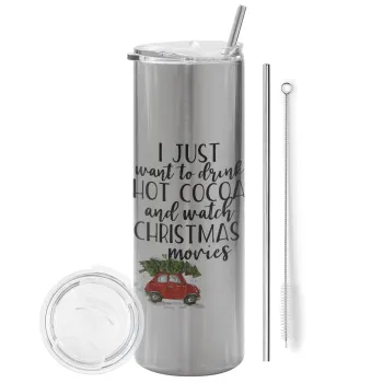 I just want to drink hot cocoa and watch christmas movies mini cooper, Tumbler ποτήρι θερμό Ασημένιο από ανοξείδωτο ατσάλι 600ml, με μεταλλικό καλαμάκι & βούρτσα καθαρισμού