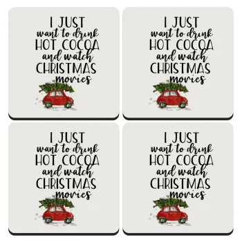 I just want to drink hot cocoa and watch christmas movies mini cooper, ΣΕΤ 4 Σουβέρ ξύλινα τετράγωνα (9cm)