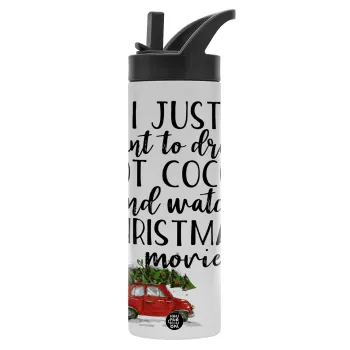 I just want to drink hot cocoa and watch christmas movies mini cooper, Metallic thermos bottle with straw & handle, stainless steel (Stainless steel 304), double-walled, 600ml.