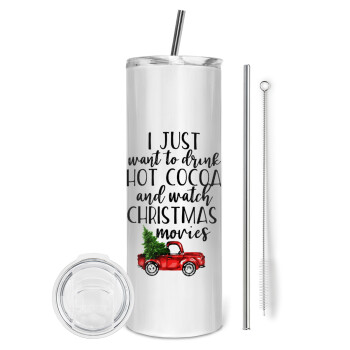I just want to drink hot cocoa and watch christmas movies pickup car, Eco friendly ποτήρι θερμό (tumbler) από ανοξείδωτο ατσάλι 600ml, με μεταλλικό καλαμάκι & βούρτσα καθαρισμού