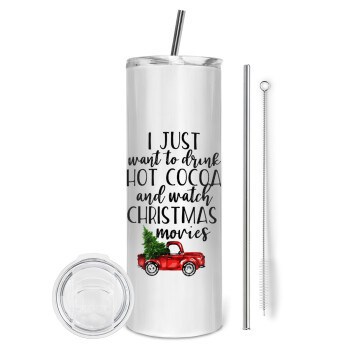 I just want to drink hot cocoa and watch christmas movies pickup car, Tumbler ποτήρι θερμό από ανοξείδωτο ατσάλι 600ml, με μεταλλικό καλαμάκι & βούρτσα καθαρισμού
