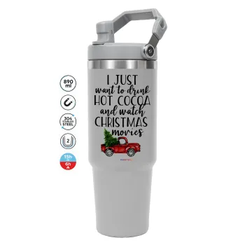 I just want to drink hot cocoa and watch christmas movies pickup car, ΓΚΡΙ χρώματος Θερμός Ανοξείδωτο 890ml (30oz) με χερούλι