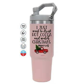 I just want to drink hot cocoa and watch christmas movies pickup car, ΡΟΖ χρώματος Θερμός Ανοξείδωτο 890ml (30oz) με χερούλι