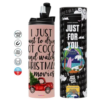 I just want to drink hot cocoa and watch christmas movies pickup car, Tumbler ποτήρι θερμό ΡΟΖ από ανοξείδωτο ατσάλι 600ml