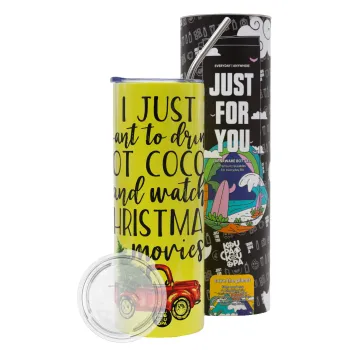 I just want to drink hot cocoa and watch christmas movies pickup car, Neon Yellow Travel Tumbler θερμό, μεταλλικό καλαμάκι(Ανωξείδωτο 304 Food grade, BPA free, 600ml)