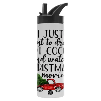 I just want to drink hot cocoa and watch christmas movies pickup car, Metallic thermos bottle with straw & handle, stainless steel (Stainless steel 304), double-walled, 600ml.
