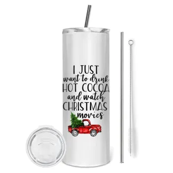 I just want to drink hot cocoa and watch christmas movies pickup car, Tumbler ποτήρι θερμό από ανοξείδωτο ατσάλι 600ml, με μεταλλικό καλαμάκι & βούρτσα καθαρισμού