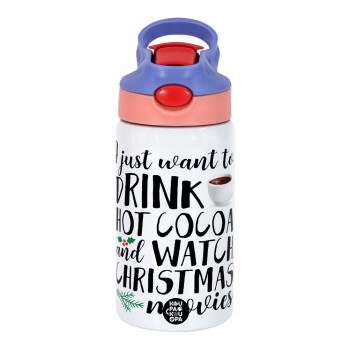 I just want to drink hot cocoa and watch christmas movies, Children's hot water bottle, stainless steel, with safety straw, pink/purple (350ml)