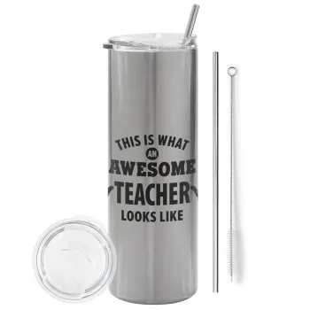 This is what an awesome teacher looks like hands!!! , Tumbler stainless steel Silver 600ml, with metal straw & cleaning brush