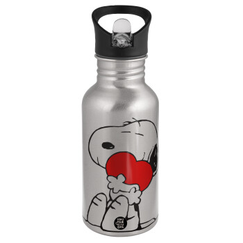 Snoopy, Παγούρι νερού Ασημένιο με καλαμάκι, ανοξείδωτο ατσάλι 500ml