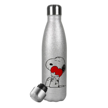Snoopy, Μεταλλικό παγούρι θερμός Glitter Aσημένιο (Stainless steel), διπλού τοιχώματος, 500ml