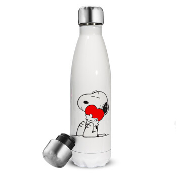 Snoopy, Μεταλλικό παγούρι θερμός Λευκό (Stainless steel), διπλού τοιχώματος, 500ml