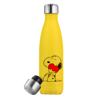 Snoopy, Μεταλλικό παγούρι θερμός Κίτρινος (Stainless steel), διπλού τοιχώματος, 500ml
