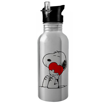 Snoopy, Παγούρι νερού Ασημένιο με καλαμάκι, ανοξείδωτο ατσάλι 600ml