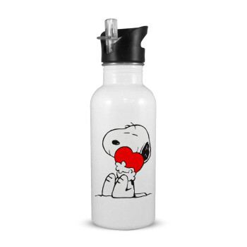 Snoopy, White water bottle with straw, stainless steel 600ml