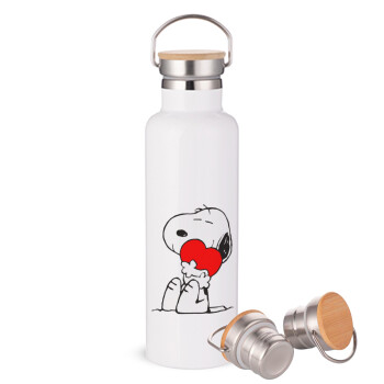Snoopy, Μεταλλικό παγούρι θερμός (Stainless steel) Λευκό με ξύλινο καπάκι (bamboo), διπλού τοιχώματος, 750ml