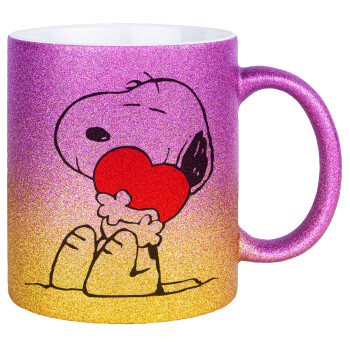 Snoopy, Κούπα Χρυσή/Ροζ Glitter, κεραμική, 330ml