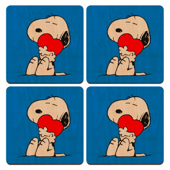 Snoopy, ΣΕΤ x4 Σουβέρ ξύλινα τετράγωνα plywood (9cm)