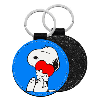 Snoopy, Μπρελόκ Δερματίνη, στρογγυλό ΜΑΥΡΟ (5cm)