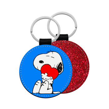 Snoopy, Μπρελόκ Δερματίνη, στρογγυλό ΚΟΚΚΙΝΟ (5cm)