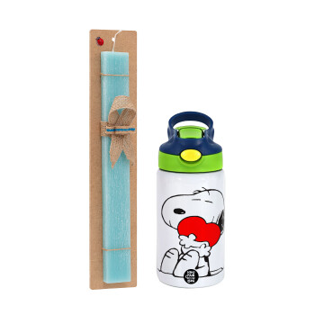 Snoopy, Πασχαλινό Σετ, Παιδικό παγούρι θερμό, ανοξείδωτο, με καλαμάκι ασφαλείας, πράσινο/μπλε (350ml) & πασχαλινή λαμπάδα αρωματική πλακέ (30cm) (ΤΙΡΚΟΥΑΖ)