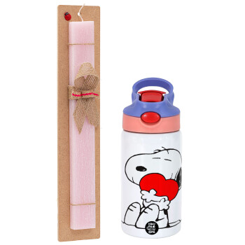 Snoopy, Easter Set, Children's thermal stainless steel water bottle with safety straw, pink/purple (350ml) & Easter scented flat candle (30cm) (PINK)