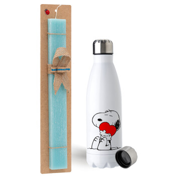 Snoopy, Easter Set, metallic stainless steel water bottle (750ml) & aromatic flat Easter candle (30cm) (TURQUOISE)