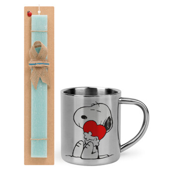 Snoopy, Easter Set, metallic thermal cup (300ml) & aromatic flat Easter candle (30cm) (TURQUOISE)
