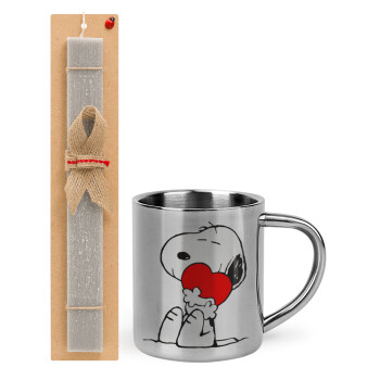 Snoopy, Πασχαλινή Λαμπάδα με μεταλλική κούπα θερμό (300ml) & κερί αρωματικό πλακέ (30cm) (ΓΚΡΙ)