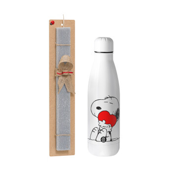 Snoopy, Easter Set, metallic stainless thermos bottle (500ml) & scented flat Easter candle (30cm) (GRAY)
