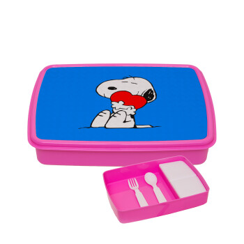 Snoopy, ΡΟΖ παιδικό δοχείο φαγητού πλαστικό με παιδικά μαχαιροπίρουρα & 2 εσωτερικά δοχεία (BPA-FREE) Lunch Βox M23 x Π18 x Υ4cm