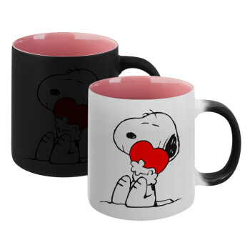 Snoopy, Κούπα Μαγική εσωτερικό ΡΟΖ, κεραμική 330ml που αλλάζει χρώμα με το ζεστό ρόφημα