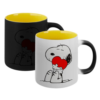 Snoopy, Κούπα Μαγική εσωτερικό κίτρινη, κεραμική 330ml που αλλάζει χρώμα με το ζεστό ρόφημα (1 τεμάχιο)