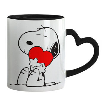 Snoopy, Κούπα καρδιά χερούλι μαύρη, κεραμική, 330ml