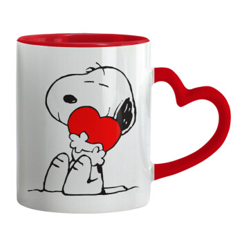 Snoopy, Κούπα καρδιά χερούλι κόκκινη, κεραμική, 330ml