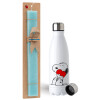 Easter Set, metallic stainless steel water bottle (750ml) & aromatic flat Easter candle (30cm) (TURQUOISE)