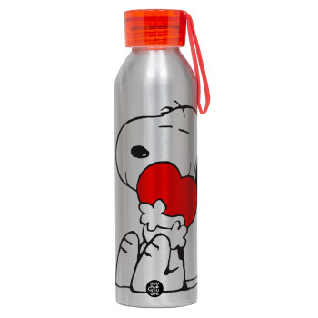 Snoopy, Αλουμινένιο Αθλητικό Μπουκάλι 650ml – Ασημί με Κόκκινο Καπάκι και Λουράκι Σιλικόνης