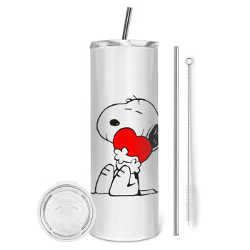 Snoopy, Eco friendly ποτήρι θερμό (tumbler) από ανοξείδωτο ατσάλι 600ml, με μεταλλικό καλαμάκι & βούρτσα καθαρισμού