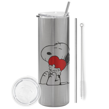 Snoopy, Tumbler stainless steel Silver 600ml, with metal straw & cleaning brush